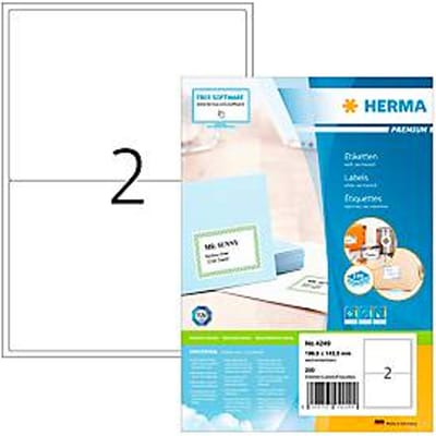 Universele etiketten HERMA 4249, permanent klevend, zelfklevend, bedrukbaar, B 199,6 x H 143,5 mm, FSC® papier, wit, 200 stuks/100 vellen