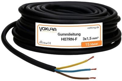 H07RN-F 3 x 1,5 mm² 15 meter rubberen kabel - flexibel, UV- en oliebestendig, met beschermgeleider, geschikt voor buiten en bouwplaatsen