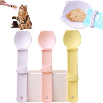 3 stuks Voerlepel voor kattensnoepjes - handige knijpfunctie - voerlepel voor kattensnoepjes - voerlepel voor natvoer - 24,5*6*2 cm - voor het voeren van pasta-snoepjes aan huisdieren - geel, paars, roze
