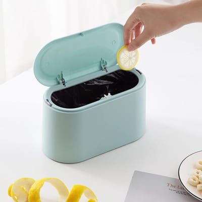 Mini-afvalbakje met deksel – Klein afvalemmertje, compact kunststof bakje, pop-up tafelafvalbakje – Afval- en pluizenbakje voor aanrecht, badkamer, kantoor en bureau - blue