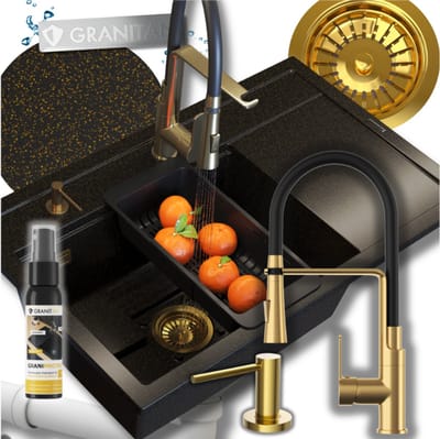 Granitan Spoelbakken Granieten Rendo - Wasbak Keuken Zwart - Met Gouden Sifon en Kraan - 80x50x22cm