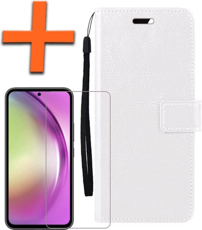 Hoes - Met Screenprotector - Geschikt voor Samsung Galaxy A54 - Luxe Pasjeshouder - Bookcase Portemonee - Flip Case - Kunstleer Book Case - Flipcase - Book Cover - Walletcase - PortemonneeHoes - Wit