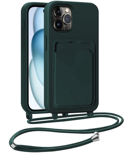 Hoesje Geschikt voor iPhone 14 Pro Hoesje Met Telefoonkoord en Pasjeshouder Siliconen - Hoes Geschikt voor iPhone 14 Pro Hoesje Met Kaarthouder Case - Donkergroen