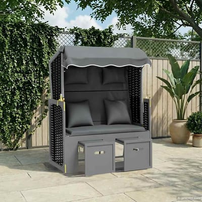 vidaXL - Strandstoel - met - kussen - poly - rattan - en - hout - antraciet - en - zwart