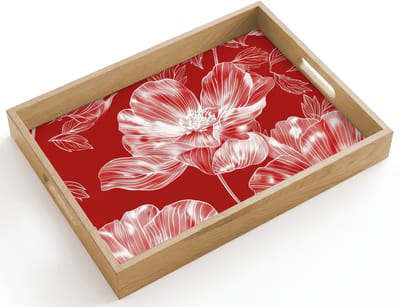 Dienblad hout 40x30 cm - Schootdienblad - Bloemen - Patroon - Rood - Wit - Borrelplank rechthoek - Plateau dienbladen