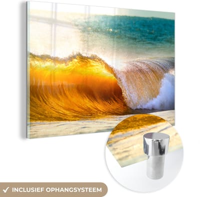 MuchoWow® Glasschilderij 120x80 cm - Schilderij acrylglas - Golf - Water - Zee - Foto op glas - Muurdecoratie woonkamer - Wanddecoratie slaapkamer - Schilderijen