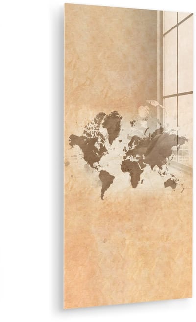 MuchoWow® Glasschilderij 40x80 cm - Schilderij acrylglas - Wereldkaart - Beige - Bruin - Foto op glas - Muurdecoratie woonkamer - Wanddecoratie slaapkamer - Schilderijen