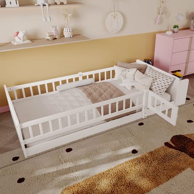 Pugsdrly Houten bed, kinderbed, 90 x 200 cm, grenenhout, open opbergruimte, planken, open structuur, zonder matras, wit