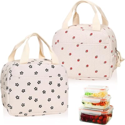 Geïsoleerde lunchtas set van 2 stuks met print, dames lunchtas met zijvak, ideaal voor familie, picknick en reizen