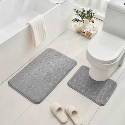 Badmatset, traagschuim kiezelsteen badmatset, zacht en comfortabel antislip zacht voetstuk en badtapijt, super wateropname voor thuis- en badkamervloeren - lichtgrijs