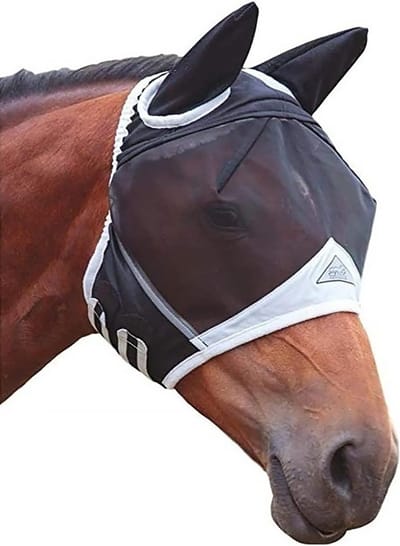 Ademend Vliegendek met Oren voor Paarden - Anti-Muggen Bescherming in Zwart en Wit - Ideaal voor Buitenactiviteiten en Comfortabel Gebruik