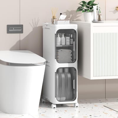 Famanu – Slanke badkamerkast vrijstaand met deur en wielen waterdichte kunststof opbergkast voor badkamer keuken en hal