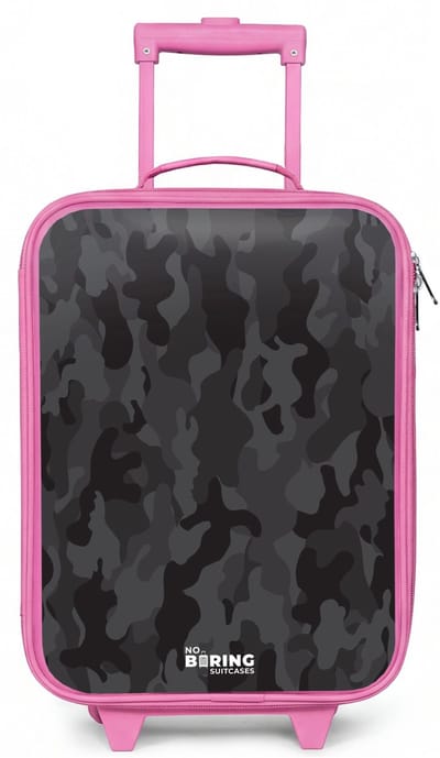 NoBoringSuitcases.com® - Kinderkoffer roze - Kindertrolley meisje - Groene camouflage print - Koffer kind lichtgewicht - Reiskoffer trolley voor kinderen - Koffertje met lichtgevende wieltjes - Rolkoffer
