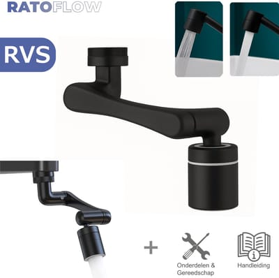 RATOFLOW® - Kraan Opzetstuk - Kraan Verlengstuk - kraankop - Zwart - RVS - draaibaar - 2 standen - perlator - roterend - flexibel - Opzetstuk - Verlengstuk - keukenkraan - badkamerkraan - zwenkbaar - sproeier - afwassen - M22 - M24 - 1/2"