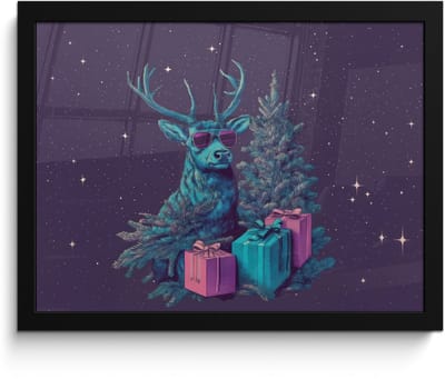 Poster in lijst - Fotolijst 40x30 cm - Posters - Rendier - Zonnebril - Neon - Kerstboom - Posterlijst zwart - Decoratie - Wanddecoratie woonkamer - Muurdecoratie slaapkamer - Kerstversiering - Kerstdecoratie voor binnen - Kerstmis