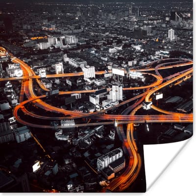 Poster Skyline - Verkeer - Nacht - 100x100 cm XXL