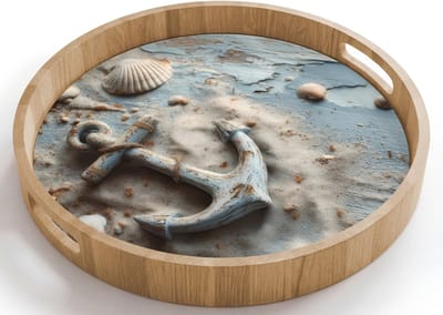 Dienblad rond 40x40 cm - Schootdienblad hout - Anker - Hout - Schelpen - Zand - Borrelplank rechthoek - Plateau houten dienbladen