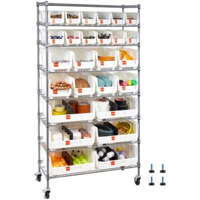 VEVOR vrijstaande opbergkast, opbergrek met 8 planken en 26 stapelbare dozen, boekenplank, keukenrek op wielen, verrijdbaar opbergrek voor garage, magazijn, kantoor, restaurant, klaslokaal, keuken, 355x900x1690 mm