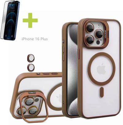 Standaards Hoesje voor iPhone 16 Plus, Compatibel met MagSafe Hoes, Acryl + TPU Case met Metaal Camerafolie, Transparant, Goud - Screenprotector