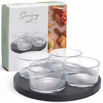 Dailygoods- Serveerset 5-delig - 4 Glazen Schalen - Houten Dienblad 23 cm - Snackstation/Dipset - Stijlvolle Tafeldecoratie - Hoogwaardige Design - Snackset