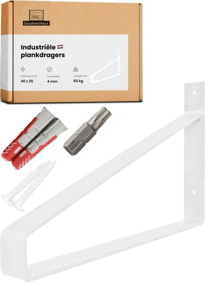 GoudmetHout® Industriële Plankdragers - 40 cm - Stalen Plankdrager voor Wandschap, Muurrek of Wandconsole - Max 50 kg - 1 stuk - Mat Wit