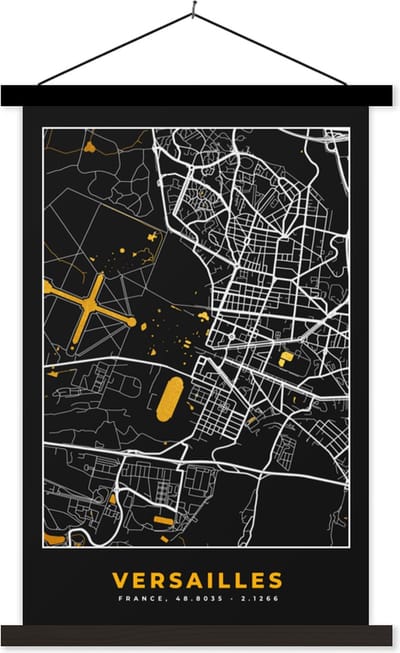 Posterhanger incl. Poster 40x60 cm - Schoolplaat - Plattegrond – Kaart – Stadskaart – Frankrijk – Versailles - Textielposter - Zwarte latten - Stadskaart