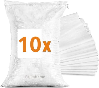 PolkaHome 10 x zandzakken voor overwater, leeg zandzak met band om te vullen, overwaterbeveiliging, kelderraam, PP-stoffen zak, wit - 40 x 60 cm