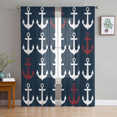Nautisch Oceaan Anker Donkerblauw Transparante Gordijnen voor Woonkamer Decoratie Raamgordijnen Keuken Tule Voile Organza Gordijnen W135 x H115cm x1 black