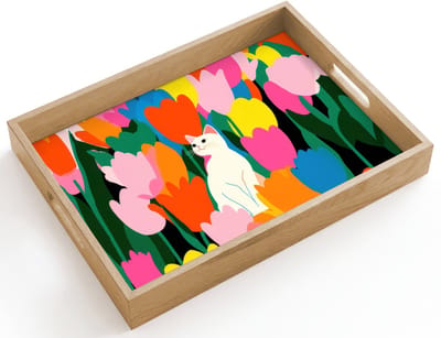Dienblad hout 40x30 cm - Schootdienblad - Tulpen - Kat - Kleurrijk - Borrelplank rechthoek - Plateau dienbladen