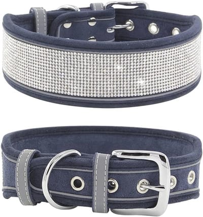 Sprankelende hondenhalsband van suède met reflecterende randen en kristallen voor middelgrote en grote honden
