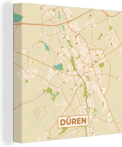 Canvas Schilderij Plattegrond - Düren - Kaart - Vintage - Stadskaart - 20x20 cm - Wanddecoratie