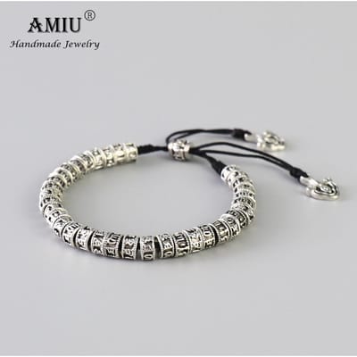 Tibetaans Boeddhisme Legering Kralen Armband Zes Woorden Mantra Handgemaakt Zwarte Knoop Antiek Metaal Amulet Kralen Armband Voor Mannen gray