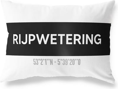 Tuinkussen RIJPWETERING - ZUID-HOLLAND met coördinaten - Buitenkussen - Bootkussen - Weerbestendig - Jouw Plaats - Studio216 - Modern - Zwart-Wit - 50x30cm
