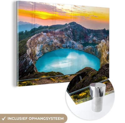 ® Glasschilderij 180x120 cm - Schilderij acrylglas - Kratermeer in het Nationaal Park Kelimutu in Indonesië - Foto op glas - Muurdecoratie woonkamer - Wanddecoratie slaapkamer - Schilderijen