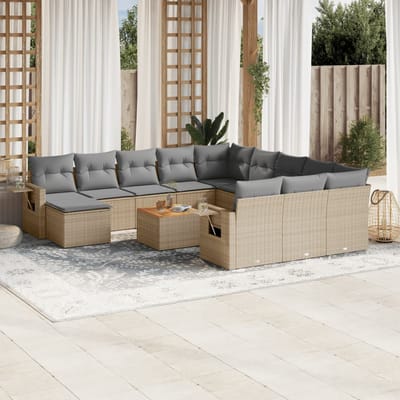 vidaXL - 13-delige - Loungeset - met - kussens - poly - rattan - gemengd - beige