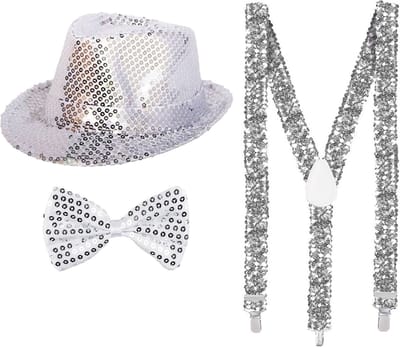 Folat Verkleedkleding set hoed/strikje/bretels zilver glitter volwassenen