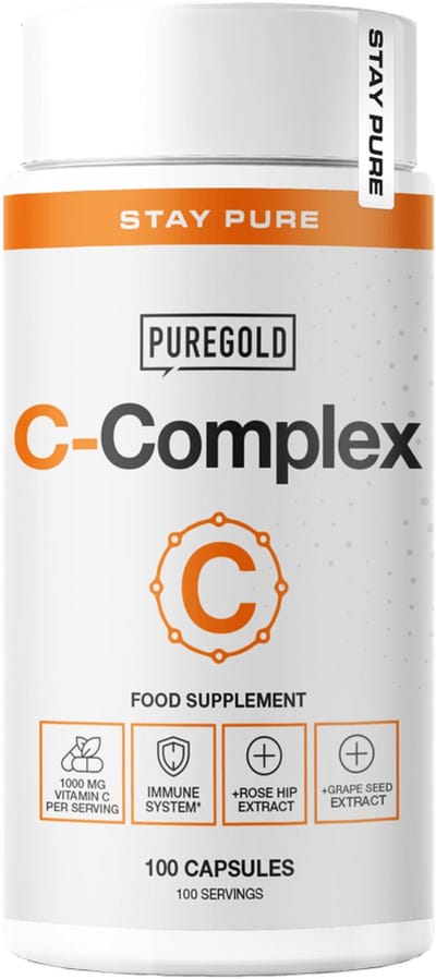 Pure Gold C-Complex Vitamine C Capsules – 100 Capsules – 1000 mg Vitamine C met Rozenbottel, Druivenpit & Zwarte Peper