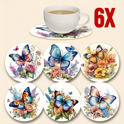 Allernieuwste.nl® 6x Houten Onderzetters met Vlinderprint – Hittebestendig - Decoratief – Vintage Natuurstijl
