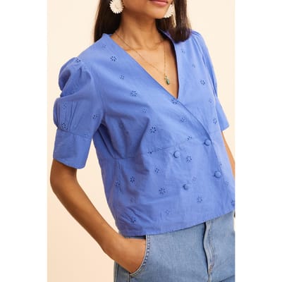 ICode Blue Top With English Embroidery And Double-breasted Buttoni Maat: XS | Blouses Outlet | Dames | Blauw