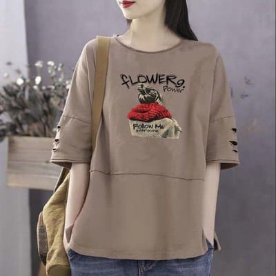 Dames Zomer Katoenen Tops Lente Herfst Losse Grote Maat T-shirts Vrouwelijke Effen Kleur Casual Print Shirts 5XL lichtbruin