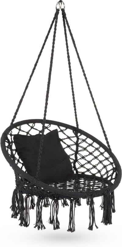 Hangstoel Macramé - Boomhangmat - Ontspannen Zitten - Handgemaakt Decoratief - 80x80 cm - Zwart