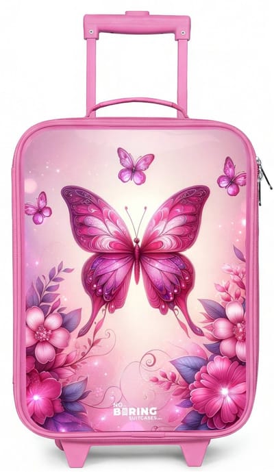 NoBoringSuitcases.com® - Kinderkoffer roze - Kindertrolley meisje - Vlindervallei - Koffer kind lichtgewicht - Reiskoffer trolley voor kinderen - Koffertje met lichtgevende wieltjes - Rolkoffer