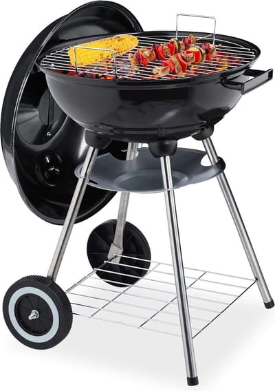 Houtskool Barbecue - ∅ 40 cm - met deksel, plateau & as opvangschaal - Zwart