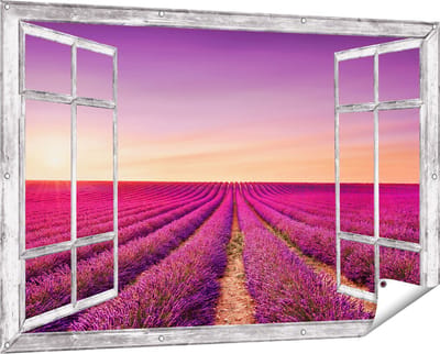 Gards Tuinposter Doorkijk Paarse Lavendel Bloemenveld - 150x100 cm - Tuindoek - Tuindecoratie - Wanddecoratie buiten - Tuinschilderij
