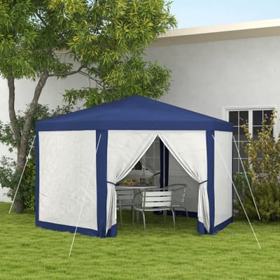 Paviljoen 4x3 m Zeshoekig – Waterafstotend & Winterbestendig, Met Muskietennet en 6 Zijwanden, Partytent voor Tuin & Camping, Blauw