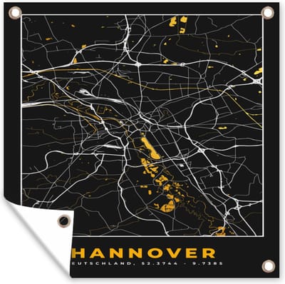 Tuin poster Hannover - Goud - Stadskaart - Plattegrond - Kaart - Duitsland - 200x200 cm - Tuindoek