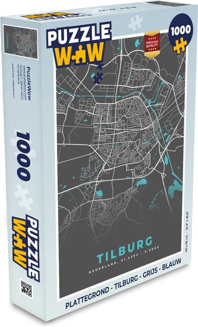 Puzzel Plattegrond - Tilburg - Grijs - Blauw - Legpuzzel - Puzzel 1000 stukjes volwassenen - Stadskaart