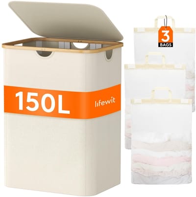 Dailygoody - Lifewit Wasmand - Grote wasmand met deksel - Beige - Kleding sorteren - 150 liter wasmand voor slaapkamer en badkamer
