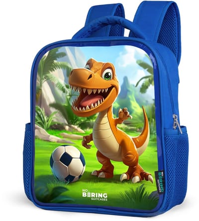 NoBoringSuitcases.com® - Rugzak blauw - Schooltas jongens - Dino met een voetbal in groen landschap - Kinder rugtas jongen - Boekentas kind - Kinderrugzak voor school - Schoolrugzak