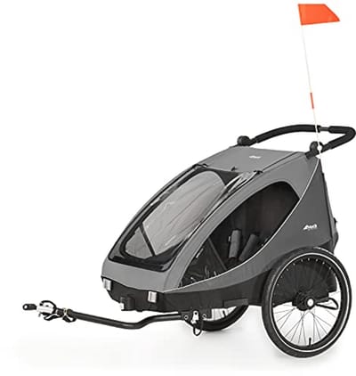 2-in-1 fietskar en buggy voor 2 kinderen - Veilig en comfortabel vanaf 6 maanden - Inklapbaar en eenvoudig om te bouwen met XL opbergruimte